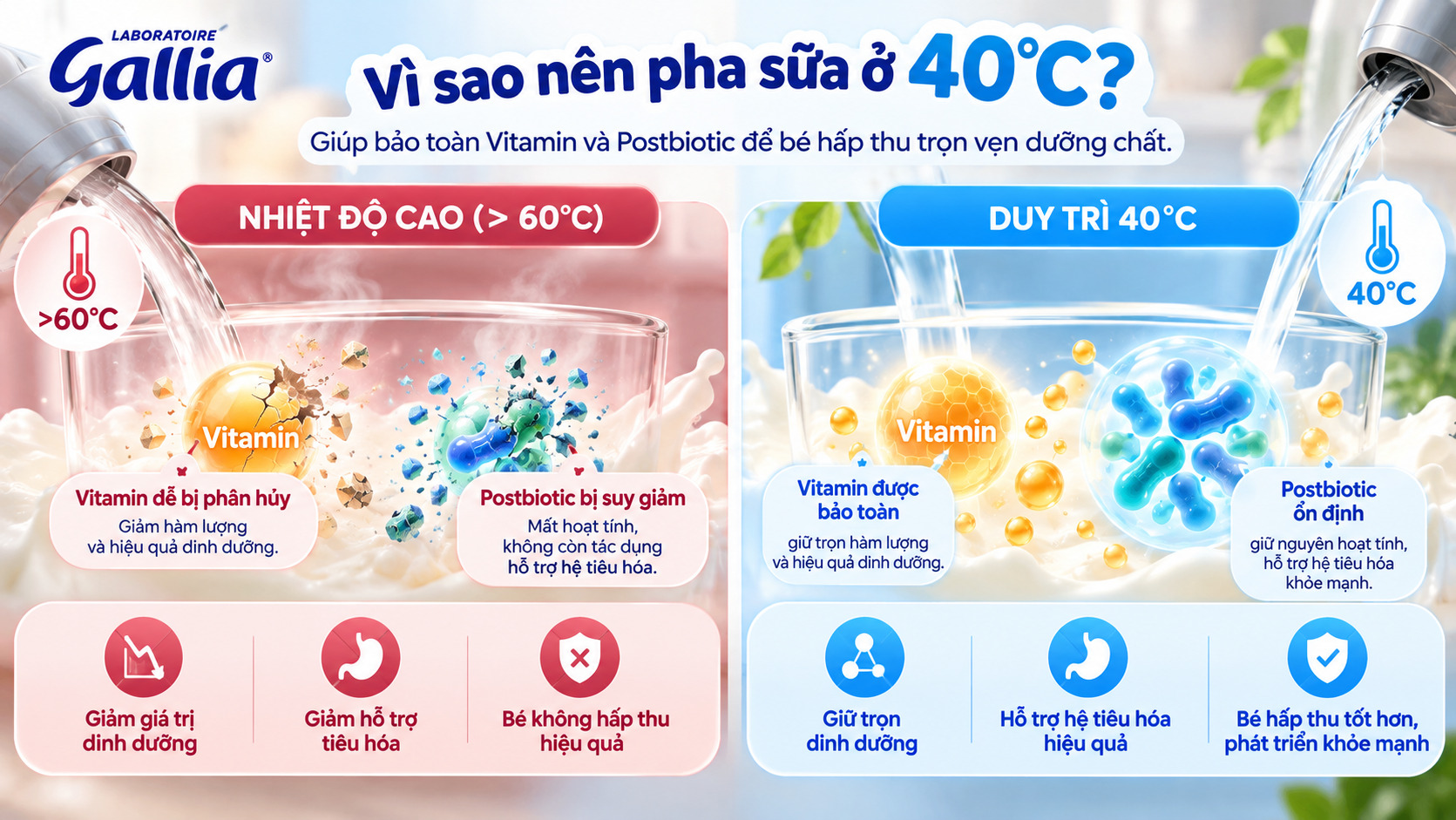 Tầm quan trọng khi pha Sữa Gallia Phải Chuẩn 40 Độ C để bảo vệ vi chất